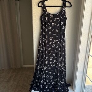 Women L Maxi Dress Vintage 90s Black Sleeveless Pleated Stick Figure Artsy